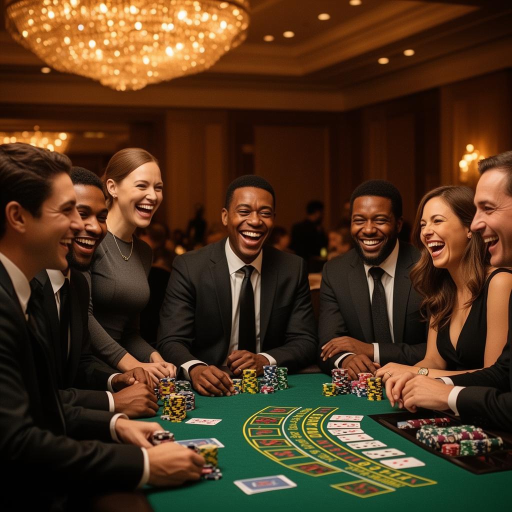 Guests laughing around a charity casino table